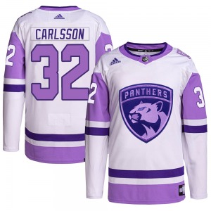 Adult Authentic Florida Panthers Lucas Carlsson White/Purple Hockey Fights Cancer Primegreen Official Adidas Jersey