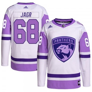 Adult Authentic Florida Panthers Jaromir Jagr White/Purple Hockey Fights Cancer Primegreen Official Adidas Jersey