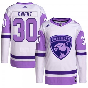 Adult Authentic Florida Panthers Spencer Knight White/Purple Hockey Fights Cancer Primegreen Official Adidas Jersey