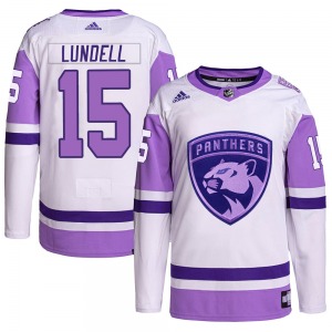 Adult Authentic Florida Panthers Anton Lundell White/Purple Hockey Fights Cancer Primegreen Official Adidas Jersey