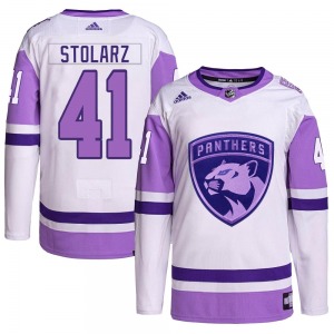 Adult Authentic Florida Panthers Anthony Stolarz White/Purple Hockey Fights Cancer Primegreen Official Adidas Jersey