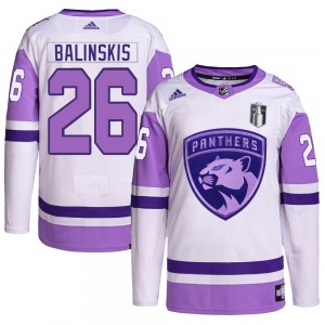 Youth Authentic Florida Panthers Uvis Balinskis White/Purple Hockey Fights Cancer Primegreen 2023 Stanley Cup Final Official Adi