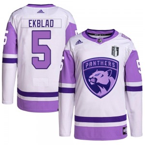 Youth Authentic Florida Panthers Aaron Ekblad White/Purple Hockey Fights Cancer Primegreen 2023 Stanley Cup Final Official Adida