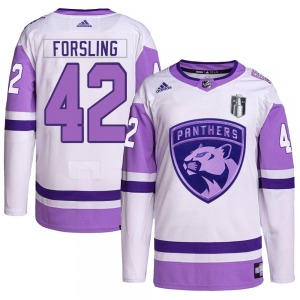 Youth Authentic Florida Panthers Gustav Forsling White/Purple Hockey Fights Cancer Primegreen 2023 Stanley Cup Final Official Ad