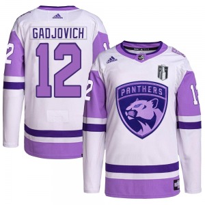 Youth Authentic Florida Panthers Jonah Gadjovich White/Purple Hockey Fights Cancer Primegreen 2023 Stanley Cup Final Official Ad