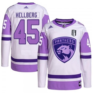 Youth Authentic Florida Panthers Magnus Hellberg White/Purple Hockey Fights Cancer Primegreen 2023 Stanley Cup Final Official Ad