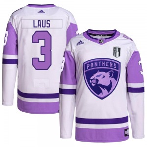 Youth Authentic Florida Panthers Paul Laus White/Purple Hockey Fights Cancer Primegreen 2023 Stanley Cup Final Official Adidas J