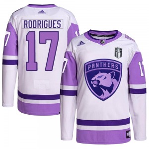 Youth Authentic Florida Panthers Evan Rodrigues White/Purple Hockey Fights Cancer Primegreen 2023 Stanley Cup Final Official Adi