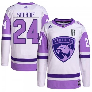 Youth Authentic Florida Panthers Justin Sourdif White/Purple Hockey Fights Cancer Primegreen 2023 Stanley Cup Final Official Adi