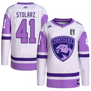 Youth Authentic Florida Panthers Anthony Stolarz White/Purple Hockey Fights Cancer Primegreen 2023 Stanley Cup Final Official Ad