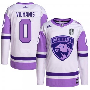 Youth Authentic Florida Panthers Sandis Vilmanis White/Purple Hockey Fights Cancer Primegreen 2023 Stanley Cup Final Official Ad