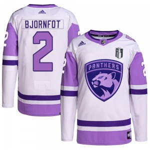 Adult Authentic Florida Panthers Tobias Bjornfot White/Purple Hockey Fights Cancer Primegreen 2023 Stanley Cup Final Official Ad