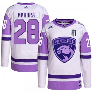Adult Authentic Florida Panthers Josh Mahura White/Purple Hockey Fights Cancer Primegreen 2023 Stanley Cup Final Official Adidas