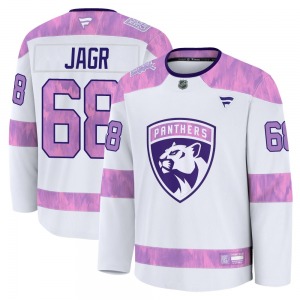Youth Premium Florida Panthers Jaromir Jagr White 2024 Hockey Fights Cancer Practice Official Fanatics Jersey