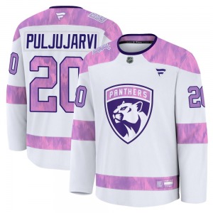 Youth Premium Florida Panthers Jesse Puljujarvi White 2024 Hockey Fights Cancer Practice Official Fanatics Jersey