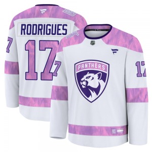 Youth Premium Florida Panthers Evan Rodrigues White 2024 Hockey Fights Cancer Practice Official Fanatics Jersey