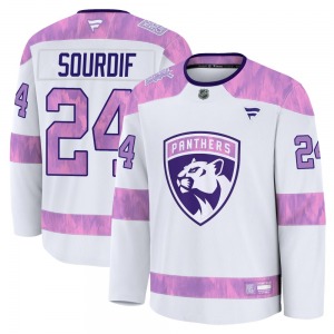 Youth Premium Florida Panthers Justin Sourdif White 2024 Hockey Fights Cancer Practice Official Fanatics Jersey